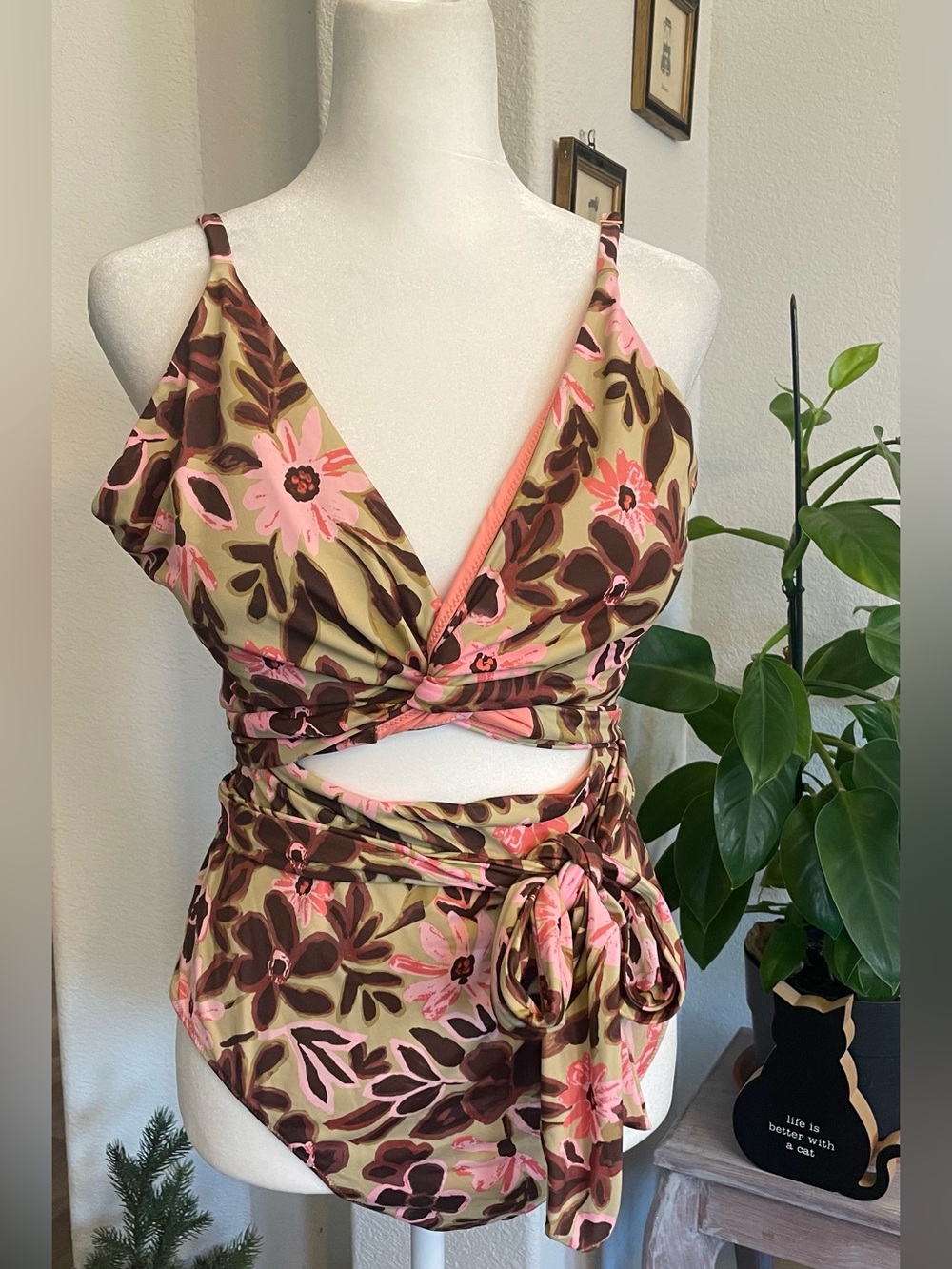 Aerie wrap one-piece swimsuit multicolor floral print adjustable straps size XL